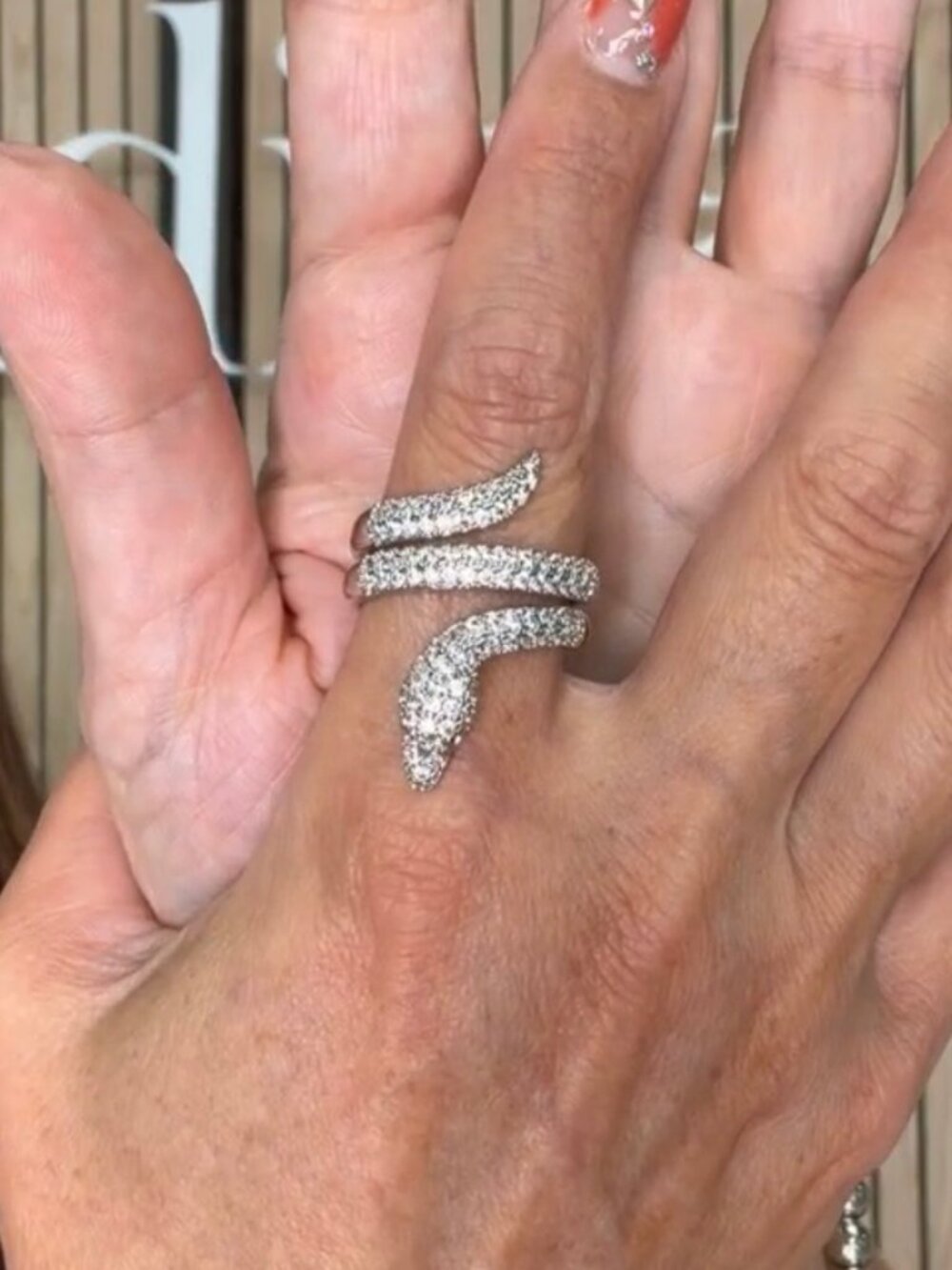 Adjustable Snake Ring Rhodium Plated Pave CZ Green Eyes Serpent Wrap Design